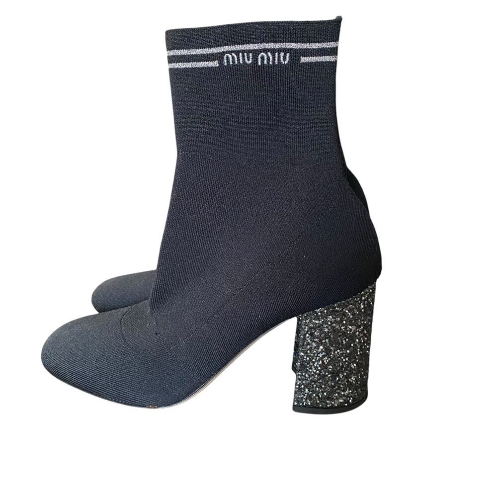 Miu Miu Black Stretch Knit Ankle Boots Silver Glitter Heel 35 US 5 - Picture 8 of 12